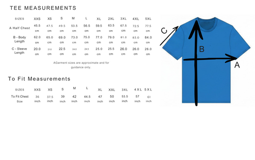 Blue t-shirt with measurement chart on a white background