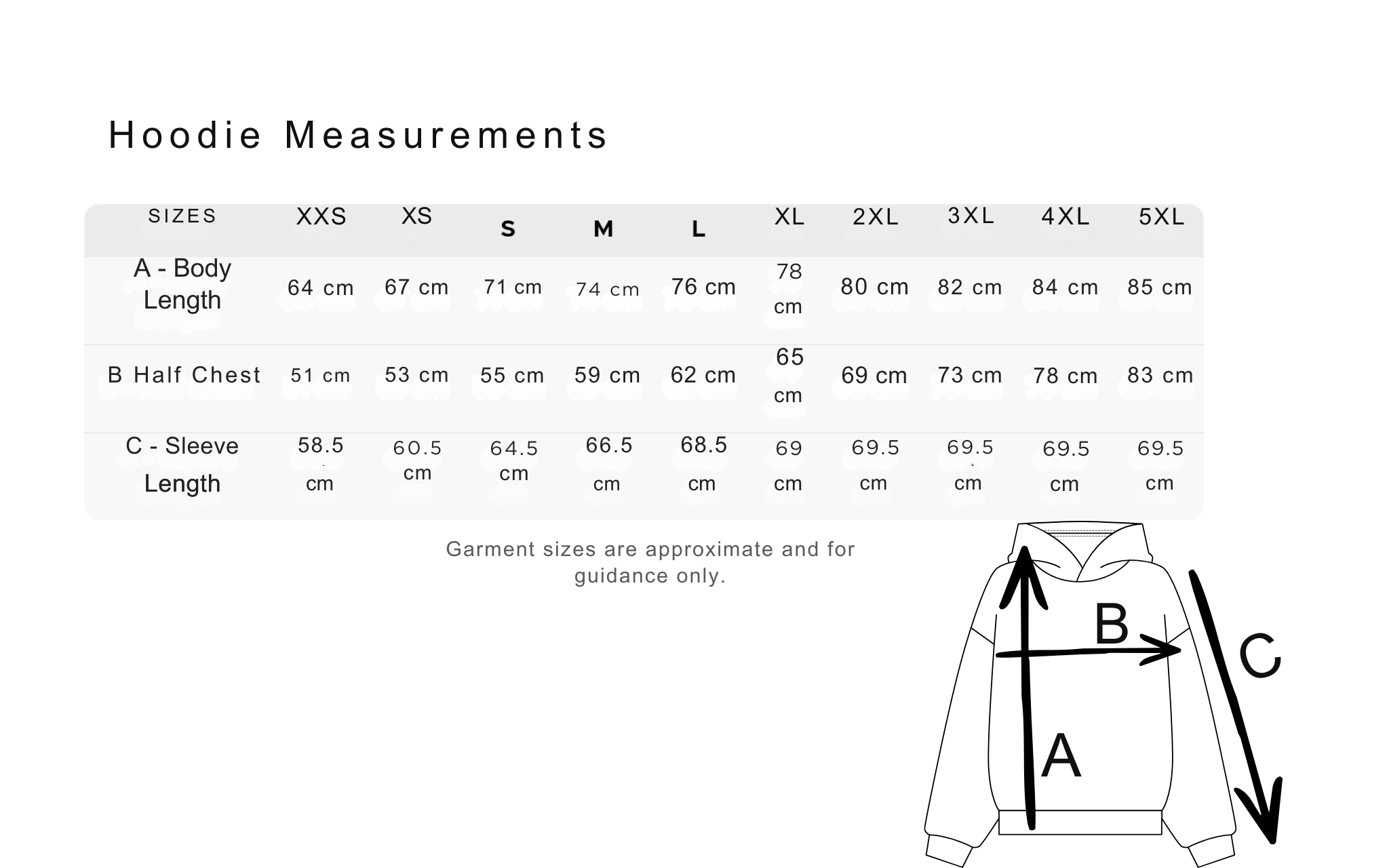 Hoodie measurements chart with size chart and diagram on a white background